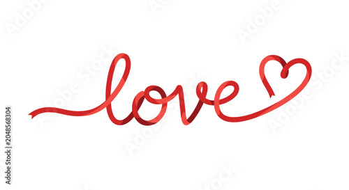 Elegant word love written in a continuous flowing red silk ribbon forming a heart shape at the end on a white background.