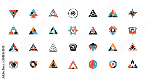 Set of various modern geometric logo templates featuring triangular shapes and abstract designs in blue, orange, and black colors.