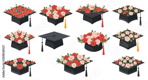 Collection of academic graduation caps decorated with beautiful pink and red roses and floral arrangements isolated on white background.