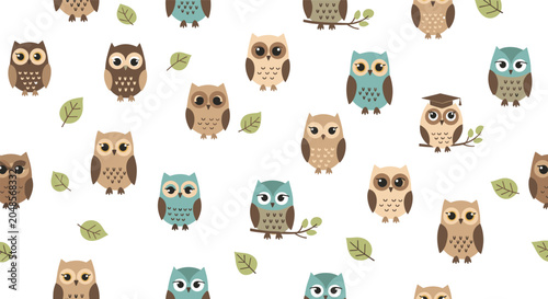 Whimsical seamless pattern featuring a variety of cute cartoon owls in different colors and positions with green leaves on white background.
