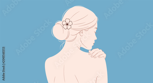 Back view illustration of a beautiful woman with her hair in a bun adorned with a flower against a soft blue background.