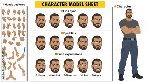 Strong Man Character Model Sheet in Tactical Gear with Face Expressions and Hand Gestures Vector Illustration