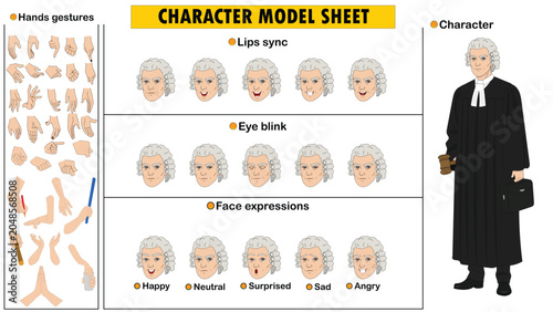 Judge Character Model Sheet with Gown and Gavel including Face Expressions and Hand Gestures Vector Illustration