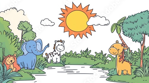 Whimsical cartoon landscape with smiling animals near a river under a bright sun