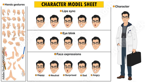Scientist Character Model Sheet with Lab Coat and Binoculars including Face Expressions and Hand Gestures Vector Illustration