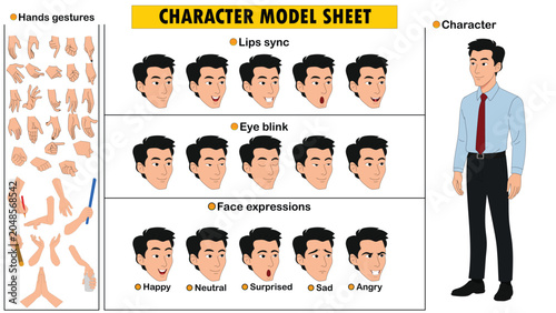 Asian Businessman Character Model Sheet with Face Expressions Lip Sync and Hand Gestures Vector Illustration