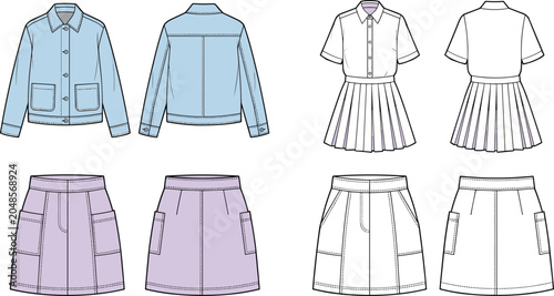 Tableau sur toile Women fashion casual clothing collection technical sketch vector illustration fe