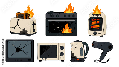 Schilderij op canvas Damaged household appliances with cracks and fire vector set