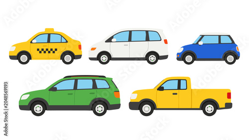Fotografie Set of colorful cartoon cars and van in flat vector style