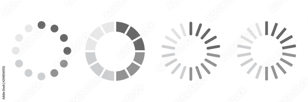 Naklejka premium Loading Icon Set Flat Grey Minimalist Circular Progress Bars Preloader Spinners and Digital Buffering Indicators for App Development Web Design and User Interface
