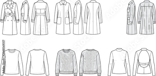 Konstfotografi Women winter outerwear and tops apparel collection fashion technical sketch vect
