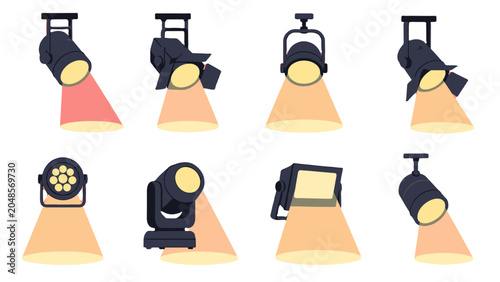 Foto Set of stage and studio spotlights with glowing beams