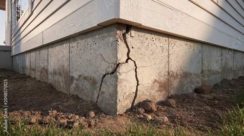 Damaged concrete strip foundation with deep structural cracks caused by soil movement and house settlement problems.