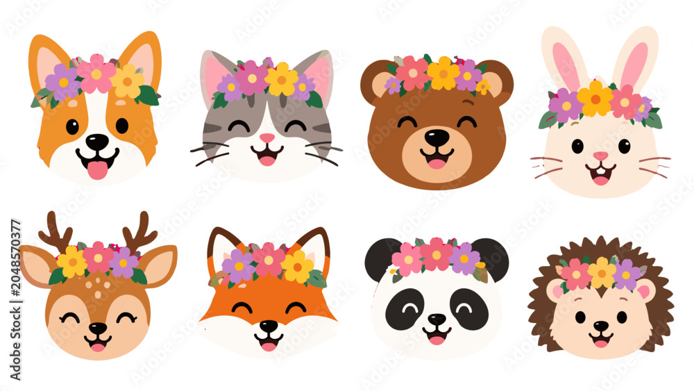 Obraz premium Cute animal faces with flower crowns in flat vector style