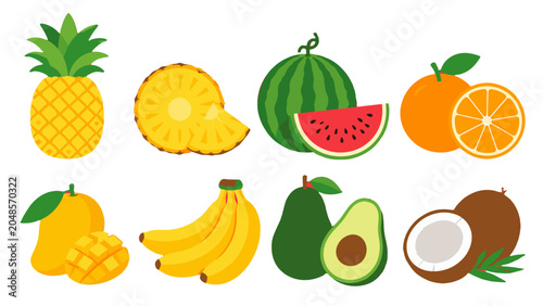 Set of tropical fruit illustrations on white background