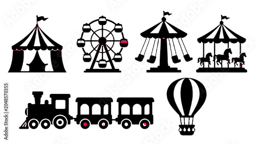 Schilderij op canvas Carnival amusement park ride silhouettes and hot air balloon