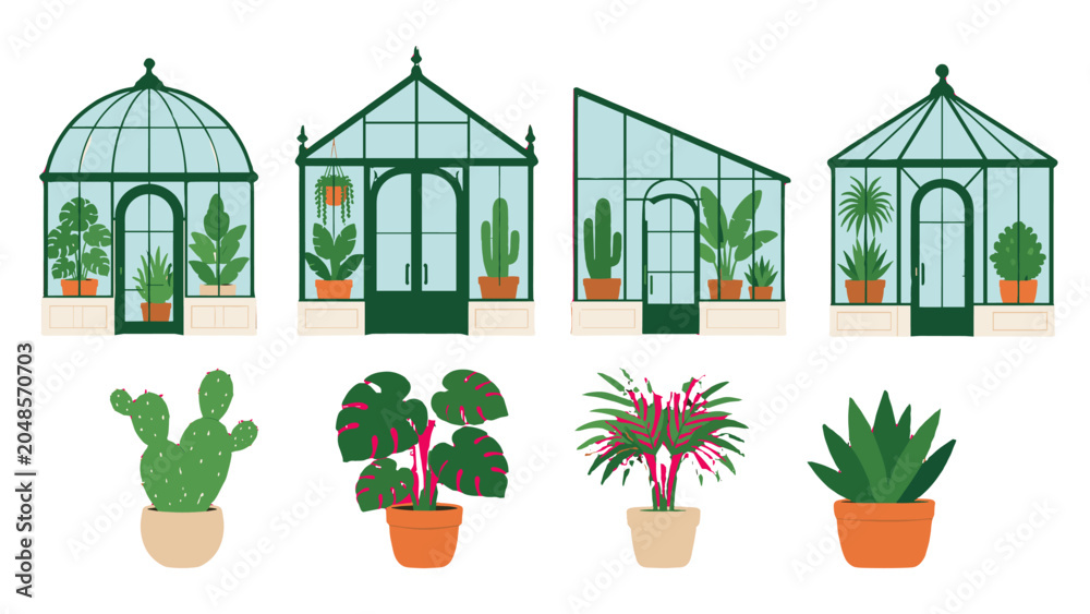 Fototapeta premium Set of greenhouse structures with potted houseplants vector