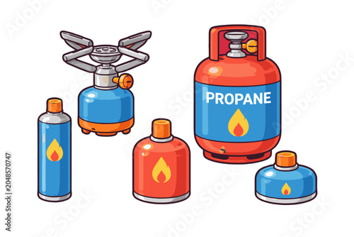 Bild auf Leinwand Set of portable gas canisters and propane cylinder vector