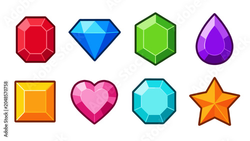Fényképezés Colorful cartoon gemstone icons set with assorted jewel shapes
