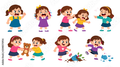 Bild auf Leinwand Cartoon girls showing anger crying teasing and destructive behavior