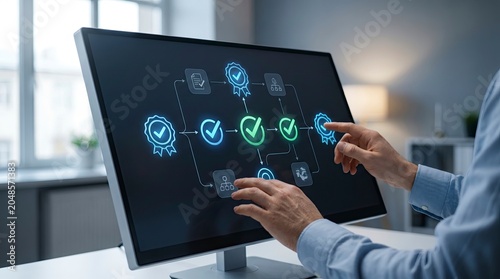 Businessman interacting with a digital interface showing a quality assurance and compliance workflow process