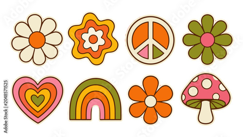 Foto Retro floral and peace symbol sticker set in groovy vector style