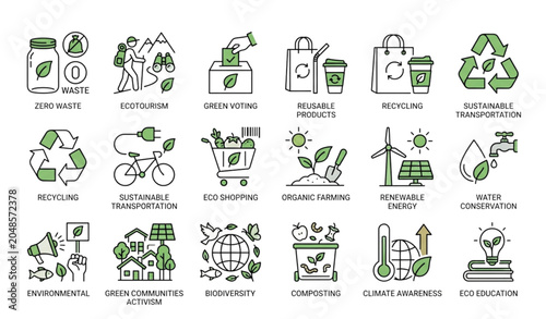 Fotografija Eco lifestyle line icon set with zero waste ecotourism green vote and sustainabi
