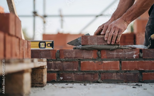 A construction worker laying a red brick on a wall using a trowel and checking the level on a sunny day at a residential building site isolated on a transparent background