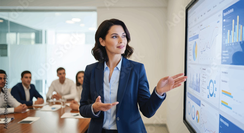 Confident Female Executive Presenting Financial Data and Charts on Large Digital Screen to Corporate Colleagues in Modern Meeting Room