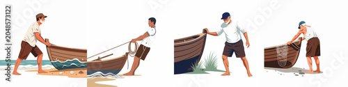 Canvas Print Collection of illustrations showing fishermen pushing and pulling wooden boats on a beach, and preparing nets for fishing at sea