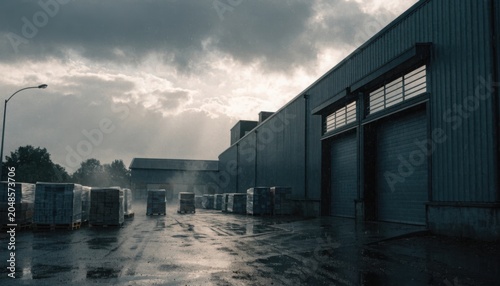 Moody industrial landscape with wet ground and warehouse exterior featuring closed loading doors and stacked pallets under dramatic cloudy sky during rainy weather in business district.