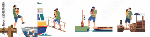 Foto A collection of illustrations featuring a father and his young child boarding various types of boats from piers and docks