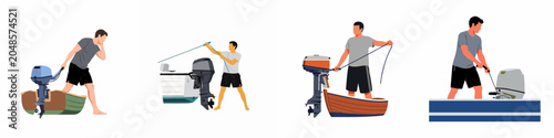 Foto Set of vector illustrations showing a man starting different types of outboard boat engines by pulling the starter cord on a white background