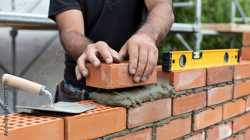 Construction worker carefully laying bricks to build a wall with a spirit level tool nearby transparent background
