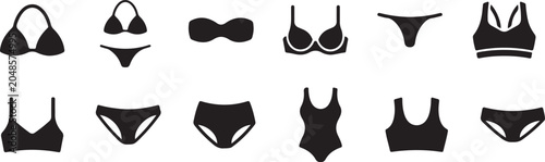 Foto Women's Swimwear and Bikini Silhouette Icons Set with Beachwear Lingerie and Sum