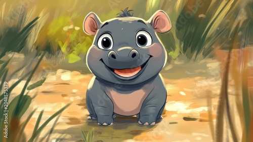 Cute cartoon hippo smiles in a grassy, sunny meadow on a warm bright day