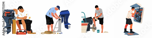 Canvastavla Set of four illustrations depicting male mechanics performing maintenance and repairs on boat outboard motors and marine engines