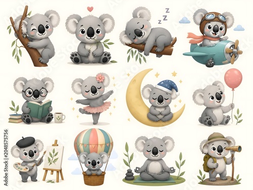 surreal fantasy Cute koala collection in different poses illustration