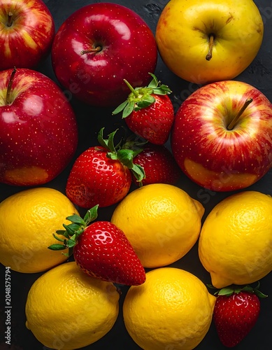A vibrant arrangement of fresh fruits on a dark surface