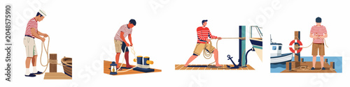 Billede på lærred Set of four illustrations showing sailors in striped shirts working with ropes, docking boats, and performing maritime tasks on wooden piers