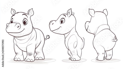 Three views of a cute hippo cartoon sketch, front, side and back facing
