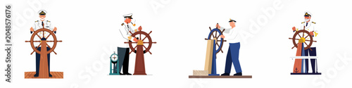 Quadro su tela Set of ship captains and sailors steering a vessel with a wooden helm wheel, flat vector illustrations for nautical and maritime concepts