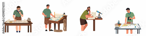Billede på lærred Set of illustrations depicting cartographers and explorers analyzing old maps, navigating with nautical tools, and planning sea voyages in a flat vector style