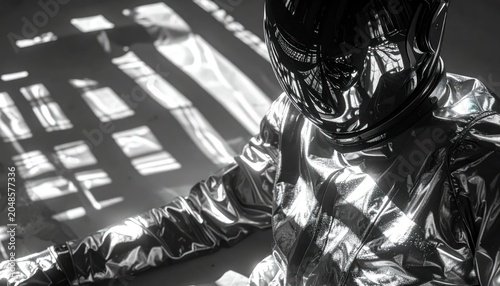 Mysterious Figure in Futuristic Metallic Suit with Dramatic Shadows.