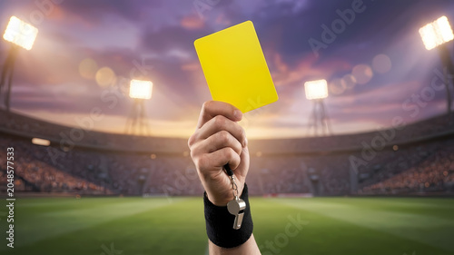 Referee holding yellow card and whistle in a soccer stadium at sunset game transparent background