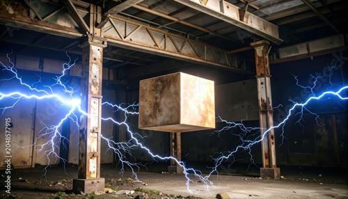 Mysterious Cube Levitating Amidst Electrical Storm in Abandoned Warehouse.