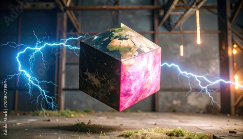 Mysterious Cube with Earth Texture and Lightning Strikes in Abandoned Warehouse.