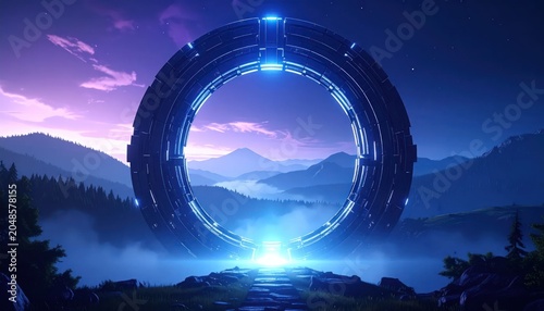 Mysterious Blue Portal Opens in a Misty Mountain Landscape at Twilight.