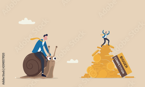 Fotografia Slow stupid mistake, businessman idiot leader riding slow snail never reach goal