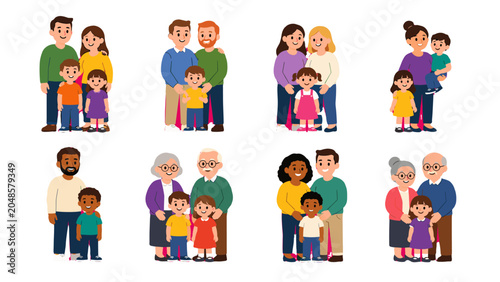 Canvastavla Set of diverse family groups with parents, children, and grandparents